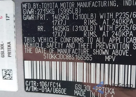 2011 Toyota Sienna Le V6 из США, поврежденный, VIN 5TDKK3DC8BS166565